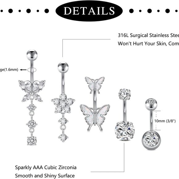 14G Belly Button Rings, Stainless Steel Diamond Belly Rings For Women, Dangle Be - Picture 2 of 7